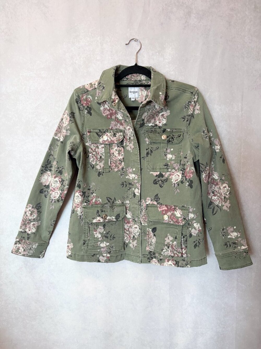 Kensie Jeans Floral Utility Denim Jacket Olive Green Size M